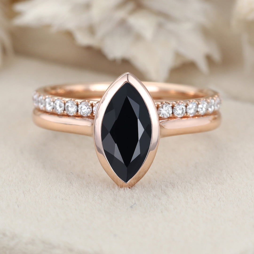 Hidden Halo Bezel 1.0CT Marquise Black Onyx Engagement Ring 2PCS Bridal Diamond Ring Set Rose Gold Half Eternity Wedding Bands