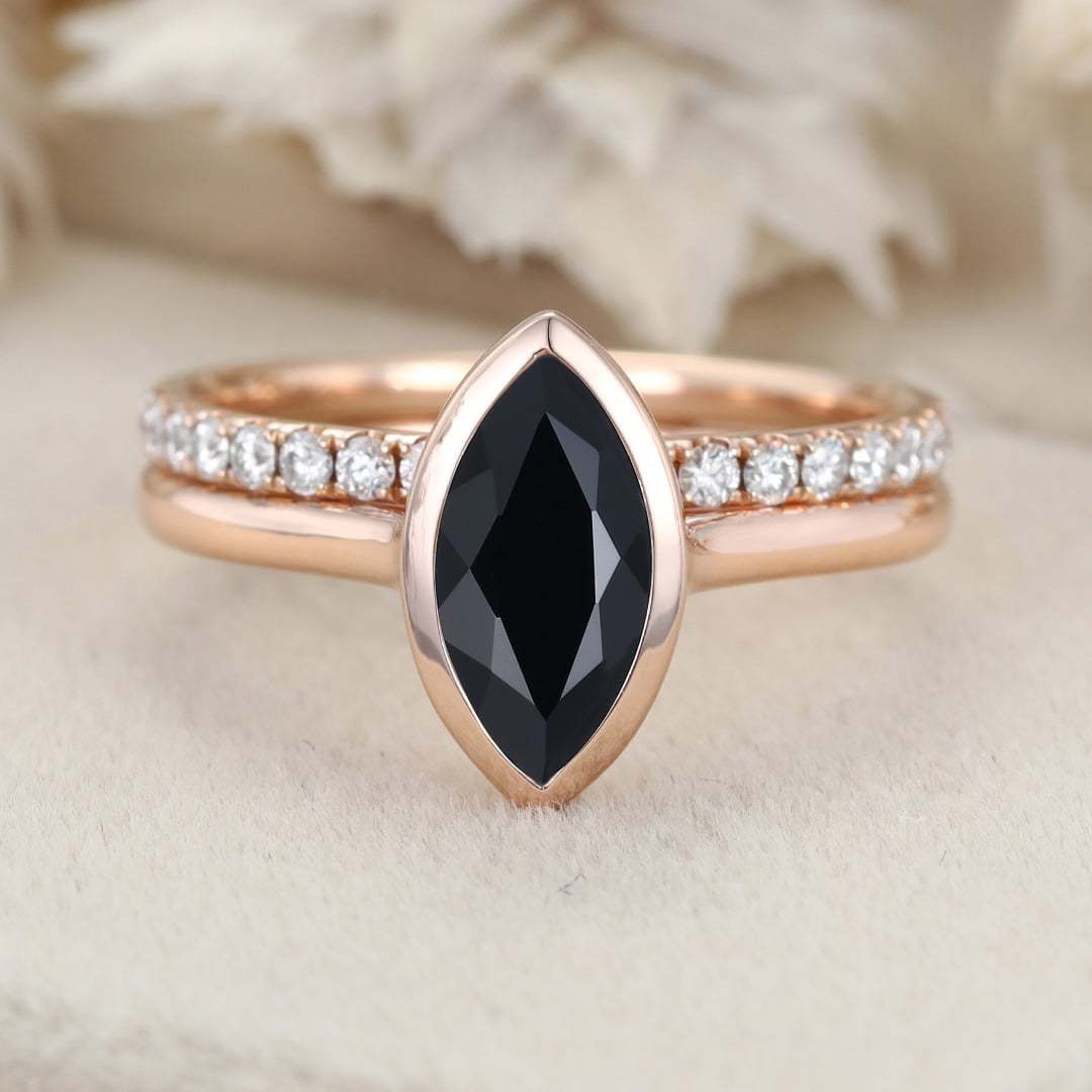 Hidden Halo Bezel 1.0CT Marquise Black Onyx Engagement Ring 2PCS Bridal Diamond Ring Set Rose Gold Half Eternity Wedding Bands