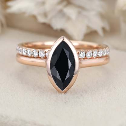 Hidden Halo Bezel 1.0CT Marquise Black Onyx Engagement Ring 2PCS Bridal Diamond Ring Set Rose Gold Half Eternity Wedding Bands