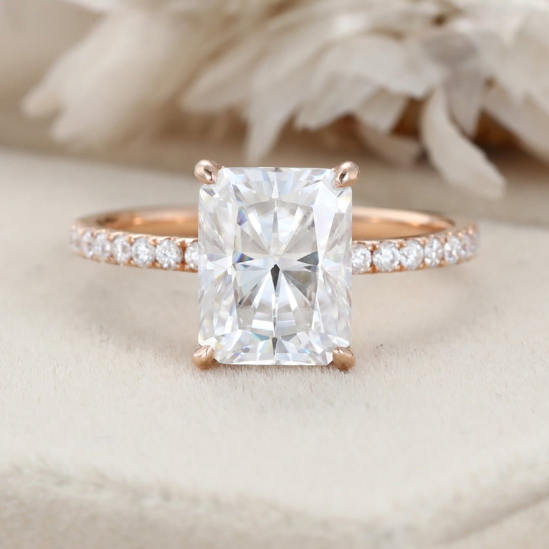 Hidden Halo Moissanite Engagement Ring 14K Rose Gold Ring 3CT Radiant Cut Moissanite Half Eternity Antique Women Promise Anniversary gift