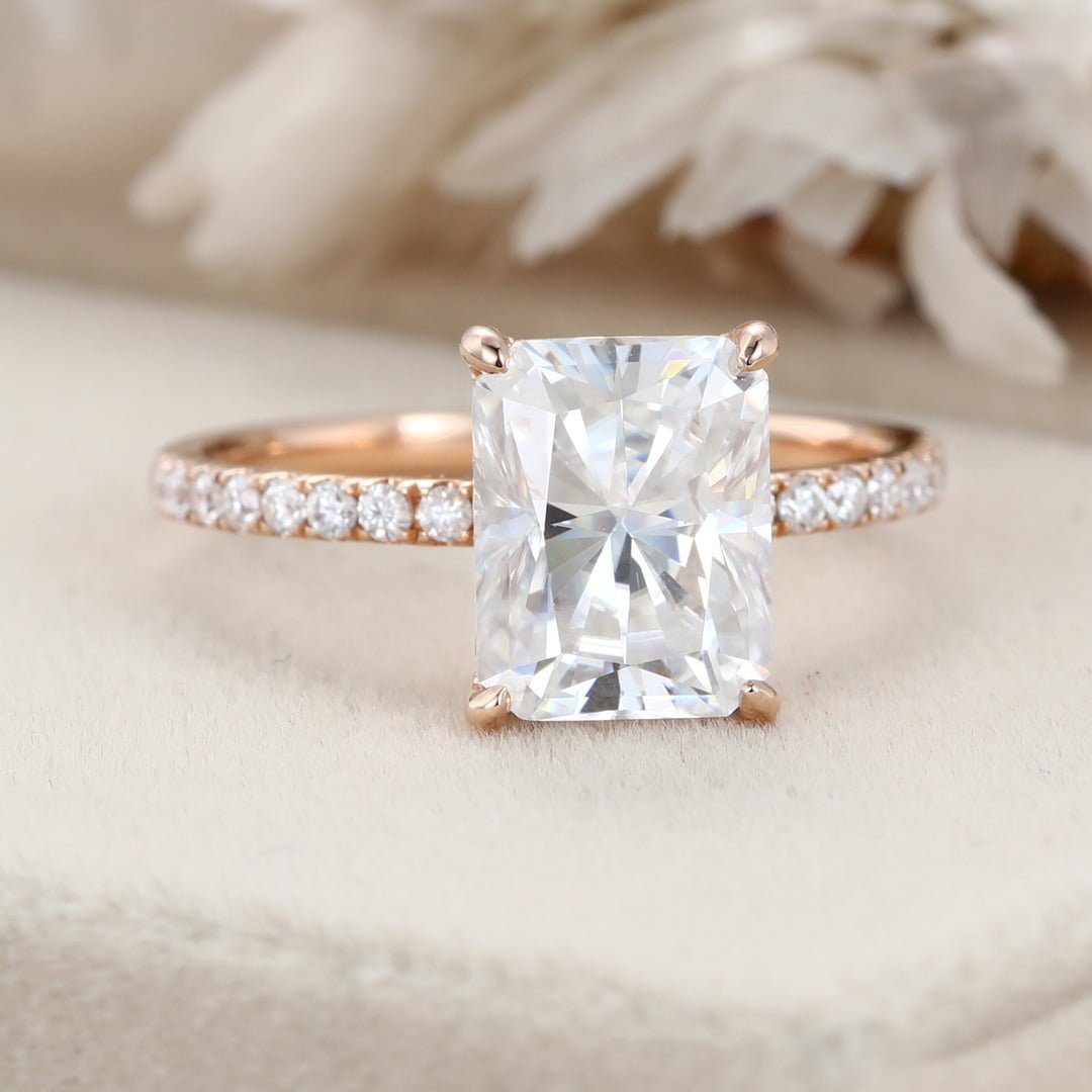 Hidden Halo Moissanite Engagement Ring 14K Rose Gold Ring 3CT Radiant Cut Moissanite Half Eternity Antique Women Promise Anniversary gift