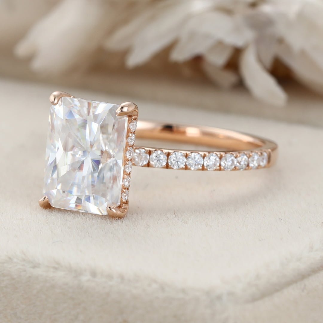 Hidden Halo Moissanite Engagement Ring 14K Rose Gold Ring 3CT Radiant Cut Moissanite Half Eternity Antique Women Promise Anniversary gift