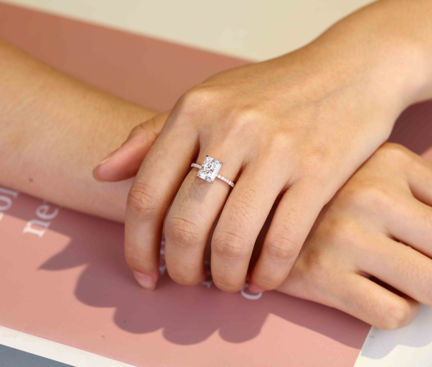 Hidden Halo Moissanite Engagement Ring 14K Rose Gold Ring 3CT Radiant Cut Moissanite Half Eternity Antique Women Promise Anniversary gift