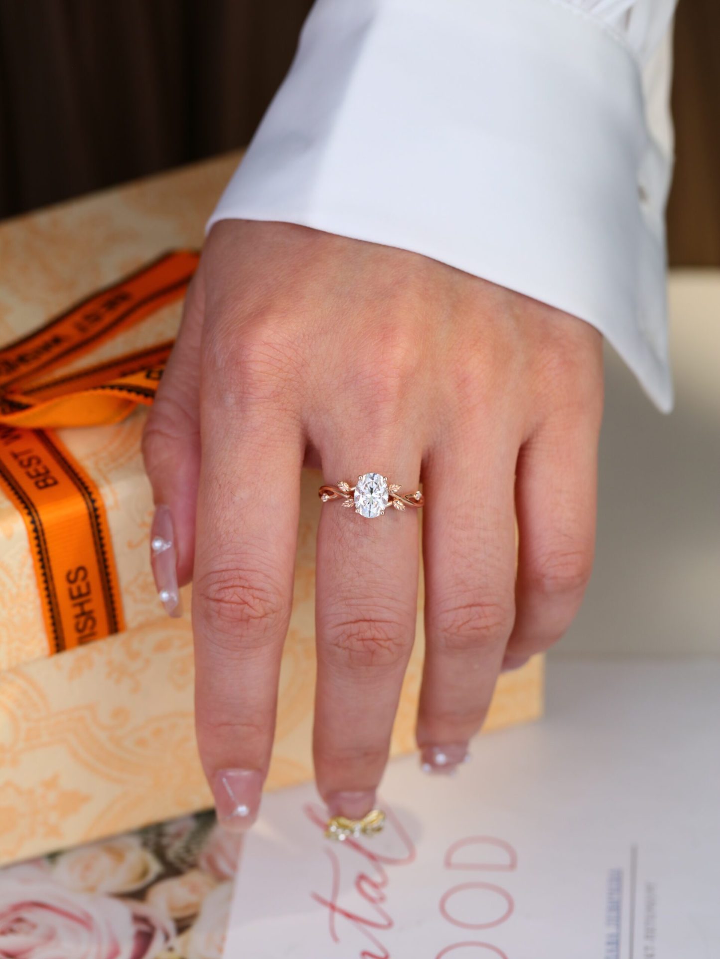 1.5 Carat Oval Moissanite Art Deco Leaf Engagement Ring In 14k Rose Gold