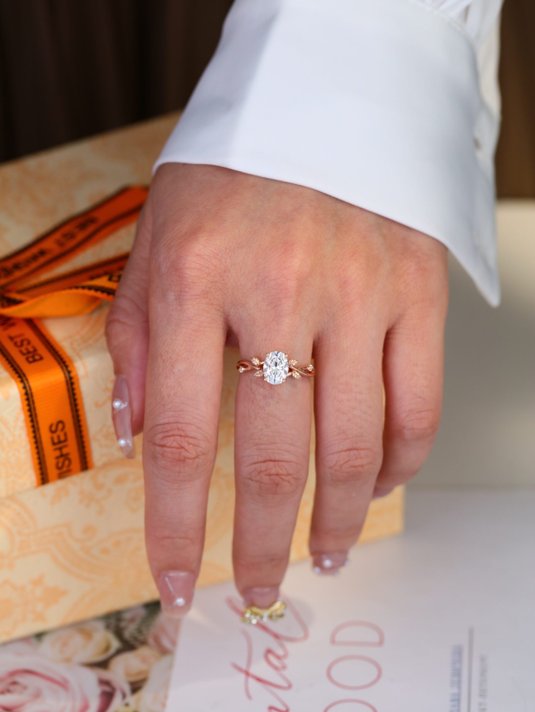 1.5 Carat Oval Moissanite Art Deco Leaf Engagement Ring In 14k Rose Gold