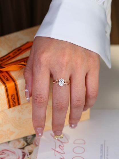 1.5 Carat Oval Moissanite Art Deco Leaf Engagement Ring In 14k Rose Gold