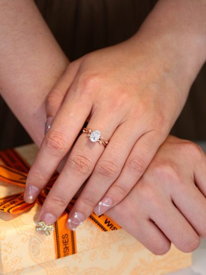 1.5 Carat Oval Moissanite Art Deco Leaf Engagement Ring In 14k Rose Gold