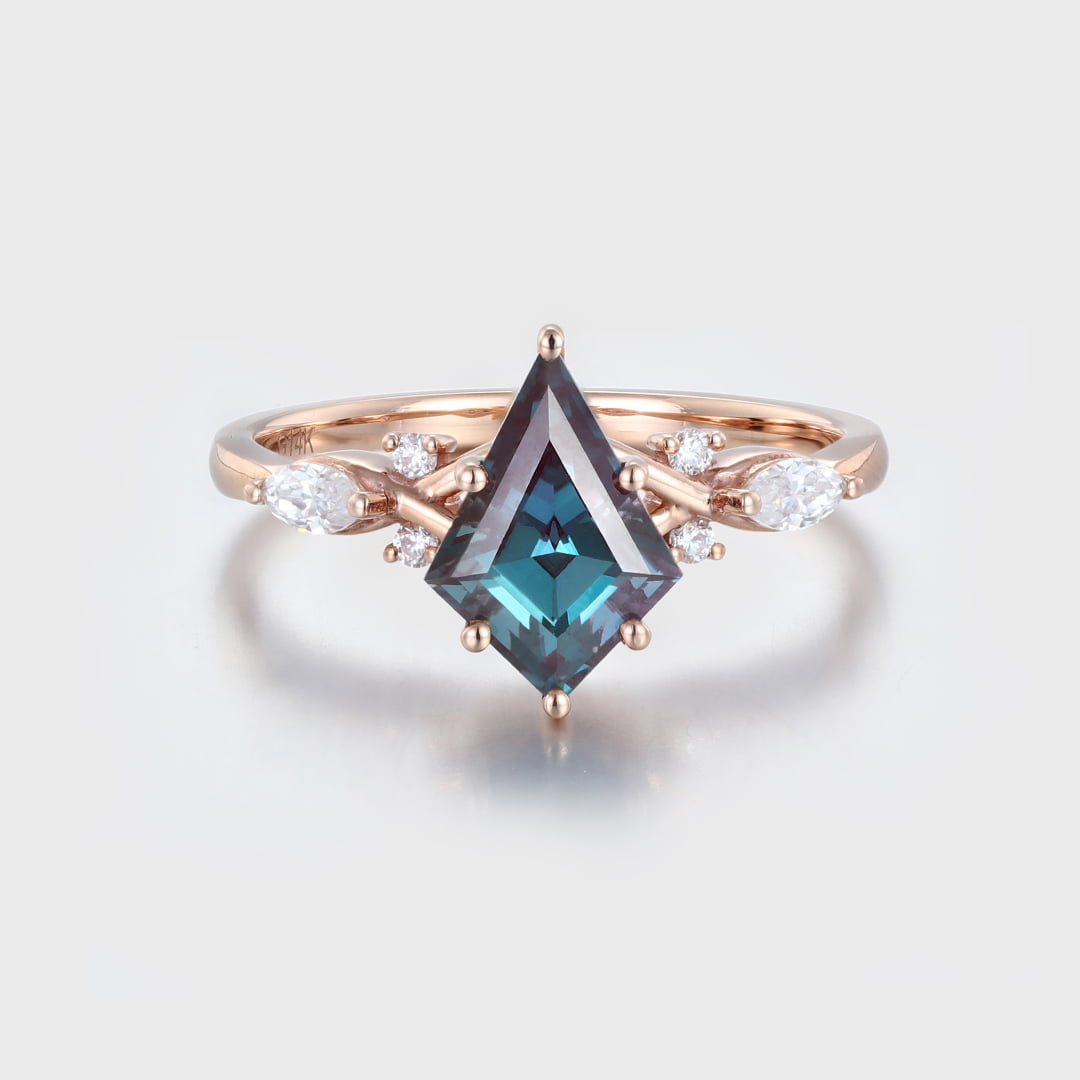 Kite Alexandrite engagement ring art deco cluster moissanite engagement ring Unique vintage rose gold diamond ring bridal Anniversary gift