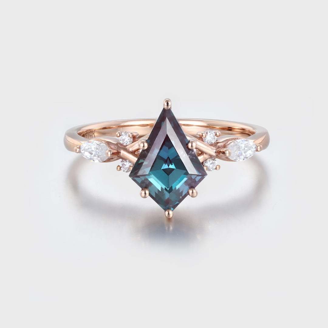 Kite Alexandrite engagement ring art deco cluster moissanite engagement ring Unique vintage rose gold diamond ring bridal Anniversary gift
