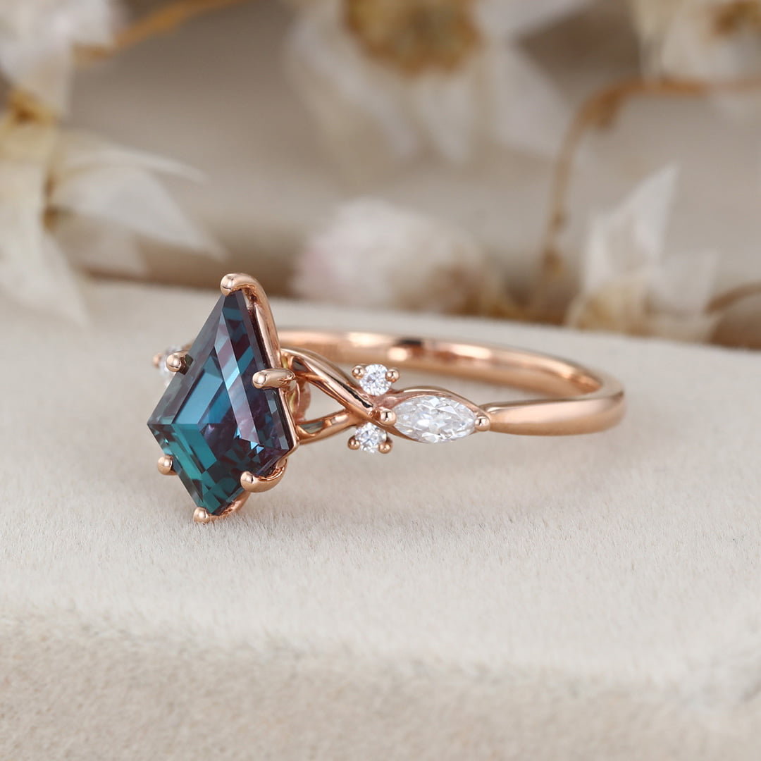 Kite Alexandrite engagement ring art deco cluster moissanite engagement ring Unique vintage rose gold diamond ring bridal Anniversary gift