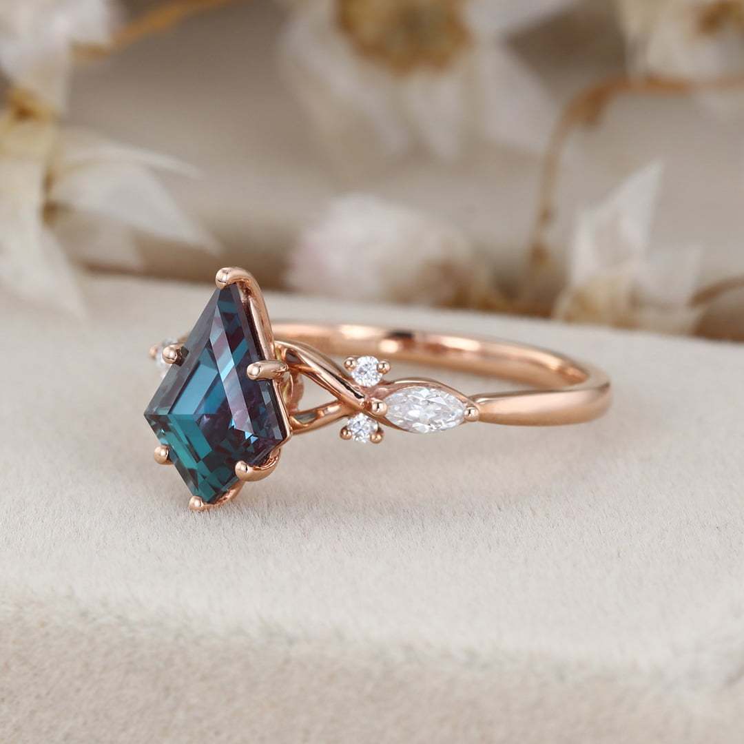 Kite Alexandrite engagement ring art deco cluster moissanite engagement ring Unique vintage rose gold diamond ring bridal Anniversary gift