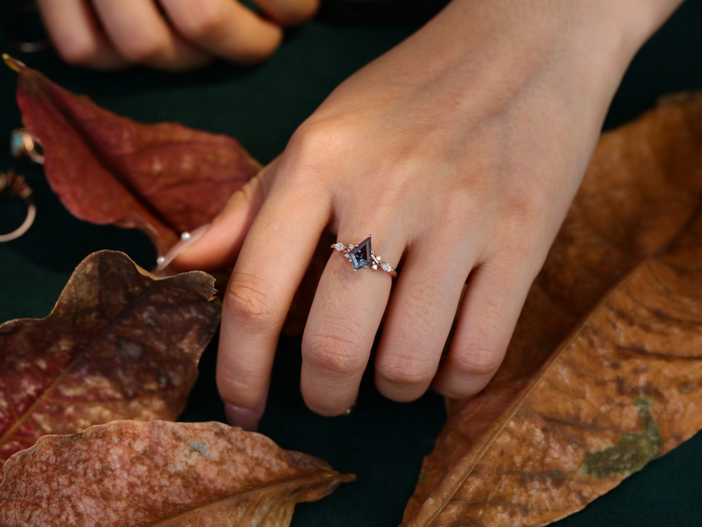 Kite Alexandrite engagement ring art deco cluster moissanite engagement ring Unique vintage rose gold diamond ring bridal Anniversary gift