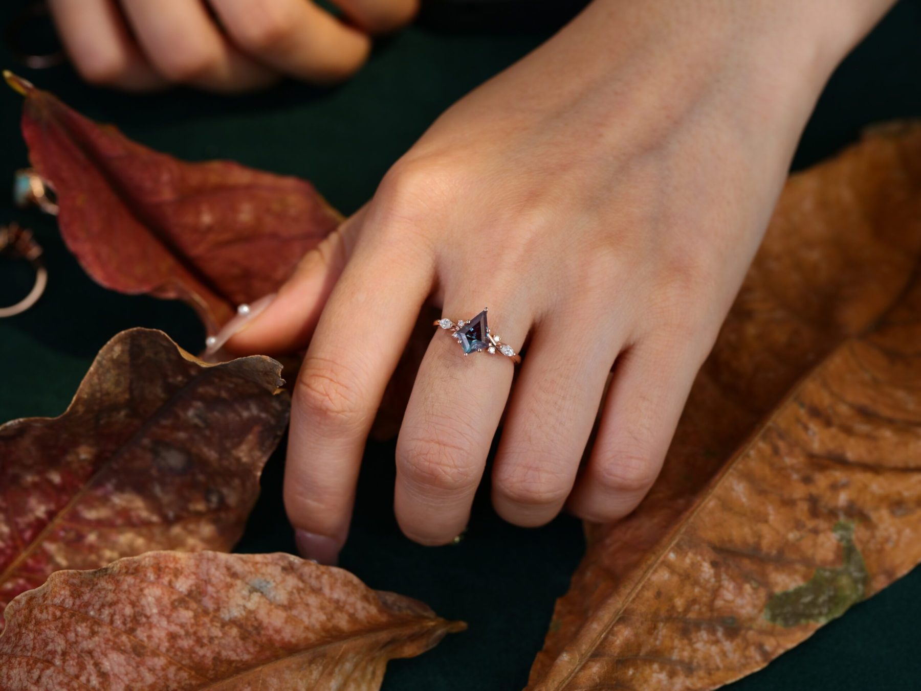 Kite Alexandrite engagement ring art deco cluster moissanite engagement ring Unique vintage rose gold diamond ring bridal Anniversary gift