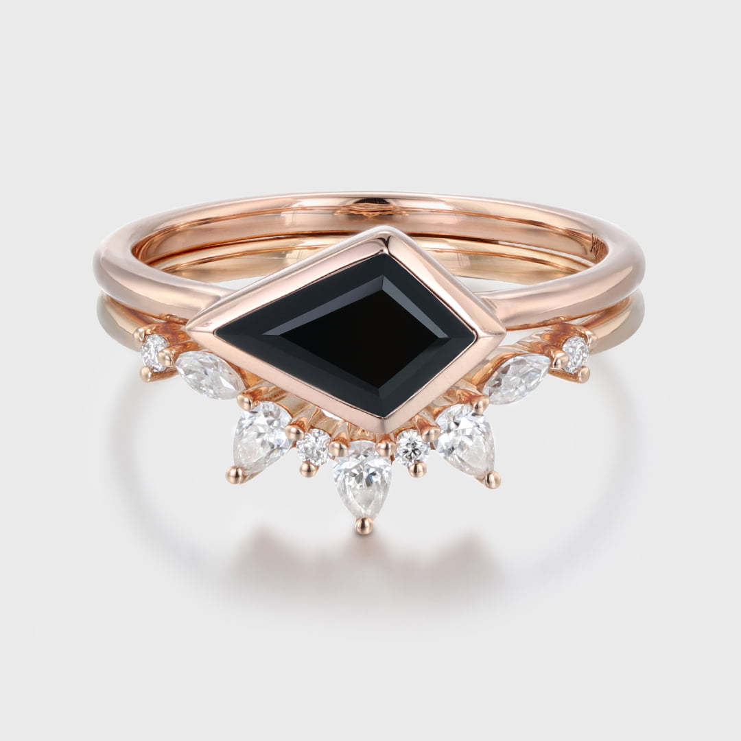 Kite Cut Bezel Black Onyx Ring Set East West Bezel Engagement Ring 14K Rose Gold Diamond Wedding Ring