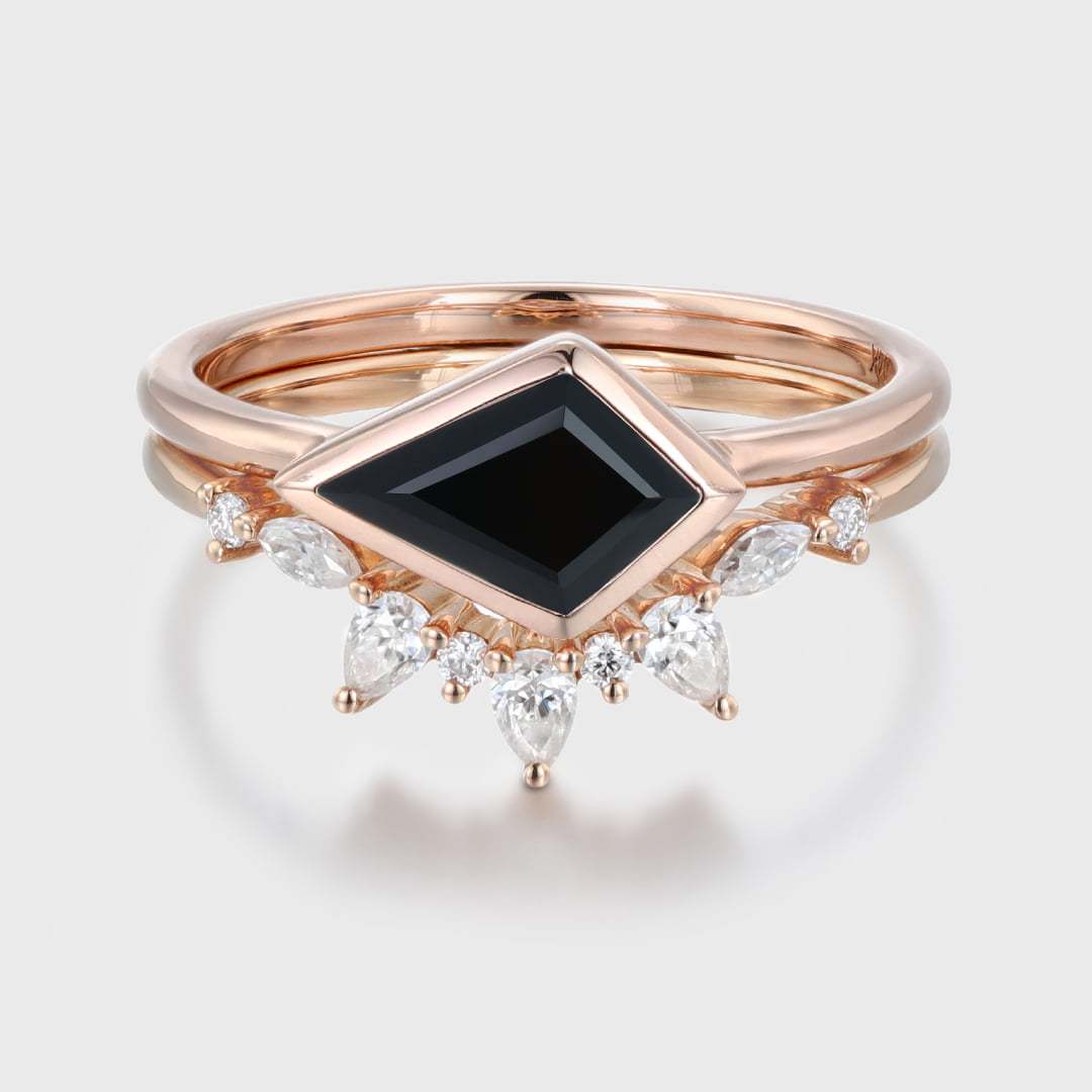 Kite Cut Bezel Black Onyx Ring Set East West Bezel Engagement Ring 14K Rose Gold Diamond Wedding Ring