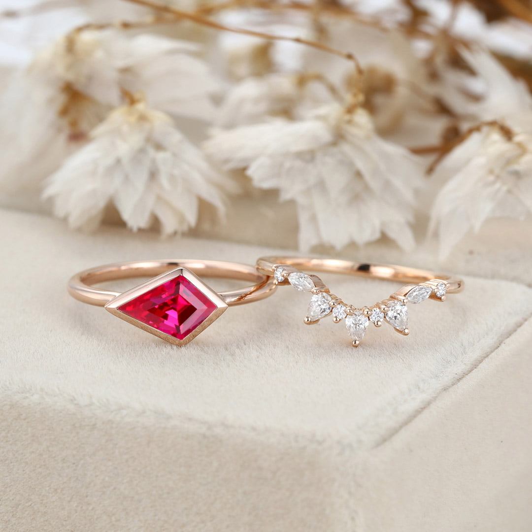 Kite Cut Bezel Lab Ruby Ring Set East West Bezel Engagement Ring Rose Gold Diamond Wedding Ring July birthstone