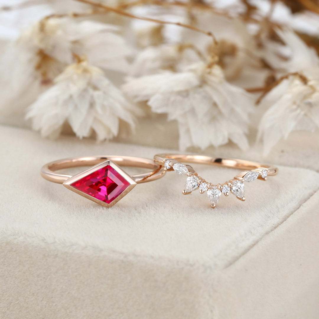 Kite Cut Bezel Lab Ruby Ring Set East West Bezel Engagement Ring Rose Gold Diamond Wedding Ring July birthstone