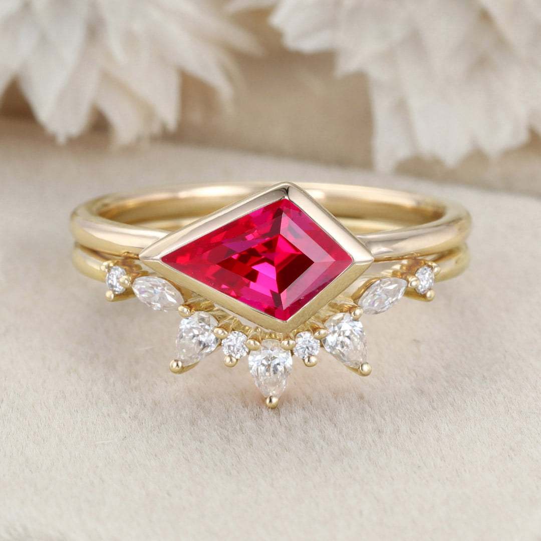 Kite Cut Bezel Lab Ruby Ring Set East West Bezel Engagement Ring Rose Gold Diamond Wedding Ring July birthstone