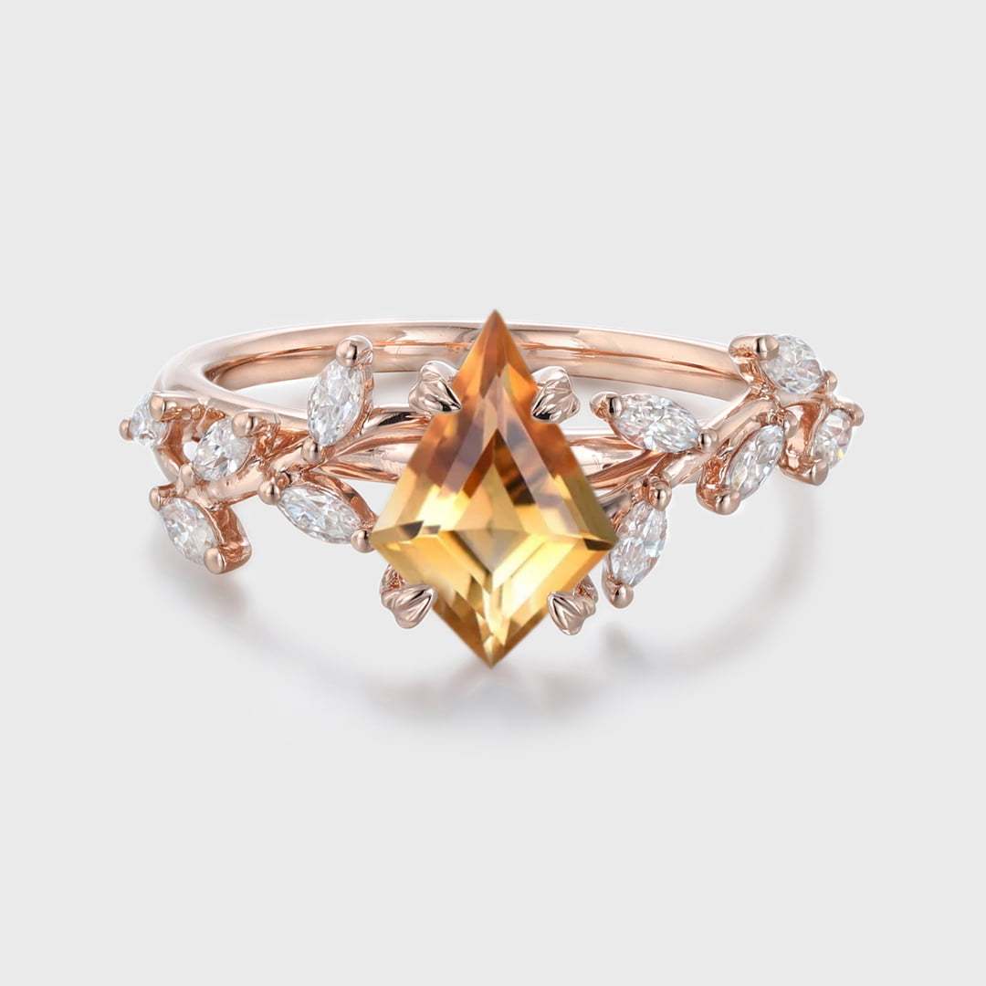 Kite Cut Citrine Engagement Ring Unique Leaf Wedding Ring Solid Gold