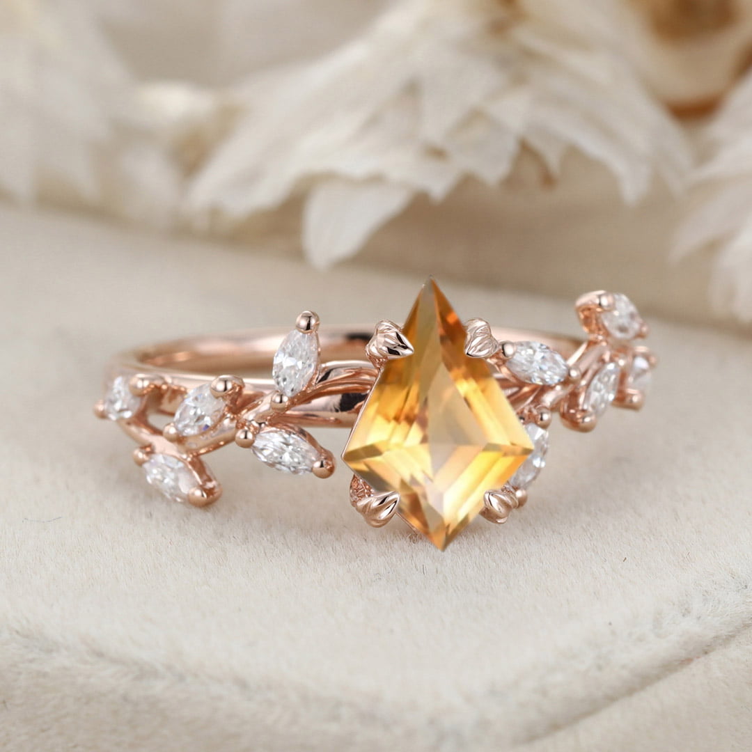 Kite Cut Citrine Engagement Ring Unique 14K Rose Gold Art Deco Leaf Branch Moissanite Wedding Ring