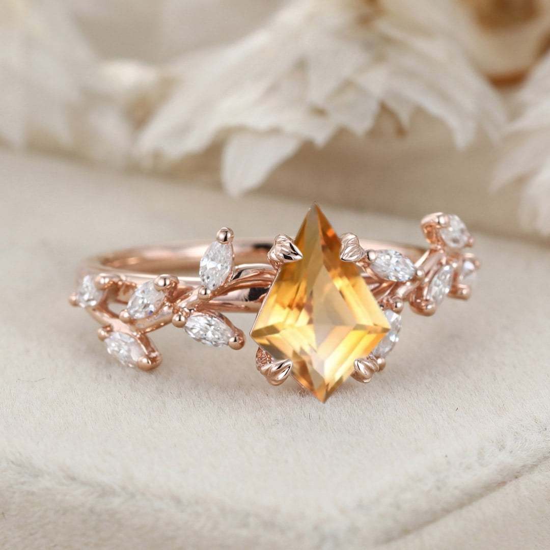 Kite Cut Citrine Engagement Ring Unique 14K Rose Gold Art Deco Leaf Branch Moissanite Wedding Ring