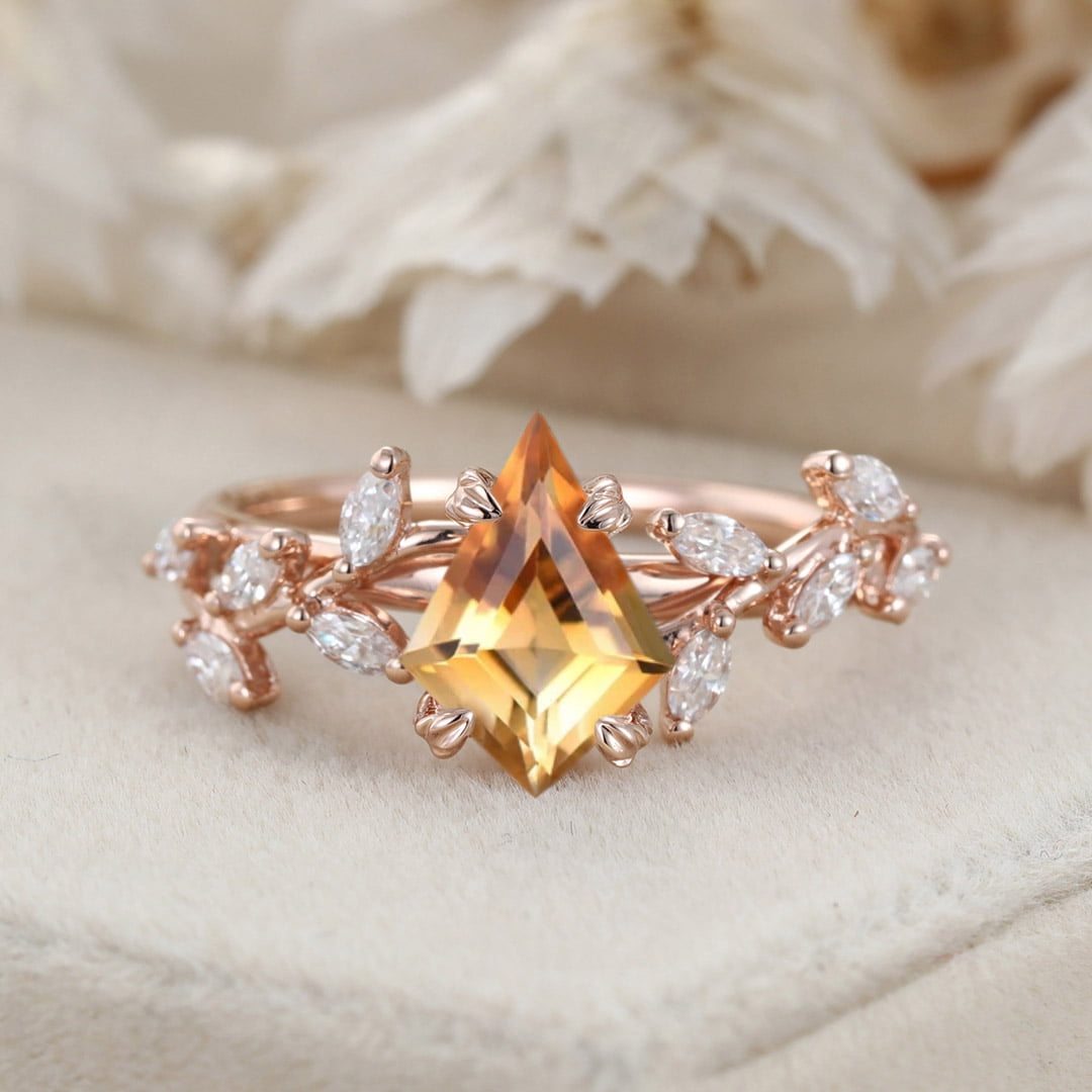 Kite Cut Citrine Engagement Ring Unique 14K Rose Gold Art Deco Leaf Branch Moissanite Wedding Ring
