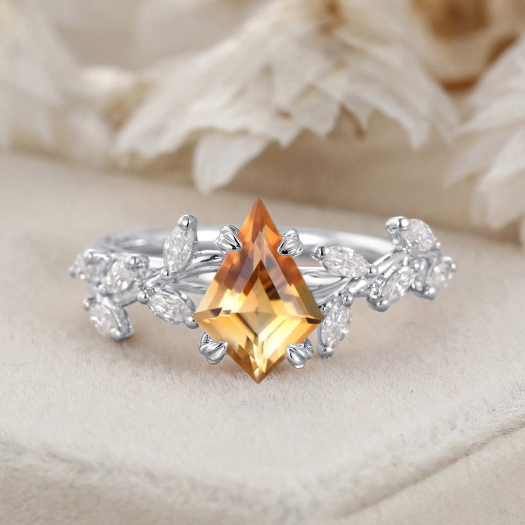 Kite Cut Citrine Engagement Ring Unique 14K Rose Gold Art Deco Leaf Branch Moissanite Wedding Ring