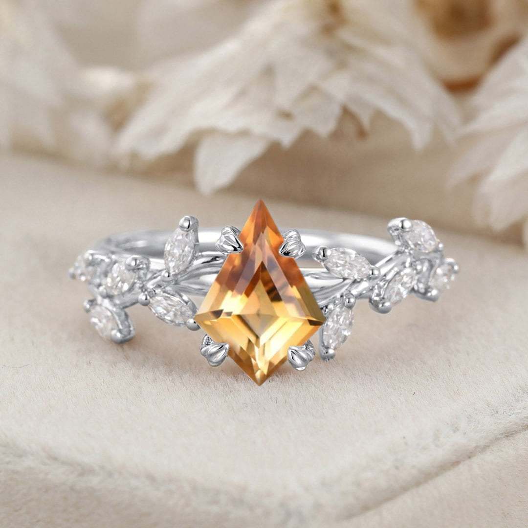 Kite Cut Citrine Engagement Ring Unique 14K Rose Gold Art Deco Leaf Branch Moissanite Wedding Ring