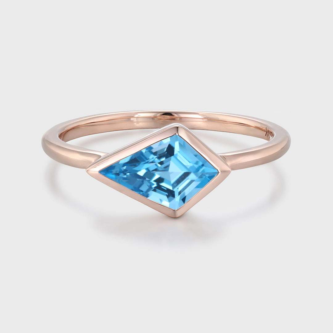Kite Cut East West Bezel Engagement Ring Topaz Minimalist Bezel Wedding Ring 14K Solid Gold Ring
