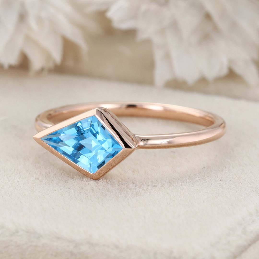 Kite Cut East West Bezel Engagement Ring Topaz Minimalist Bezel Wedding Ring 14K Solid Gold Ring