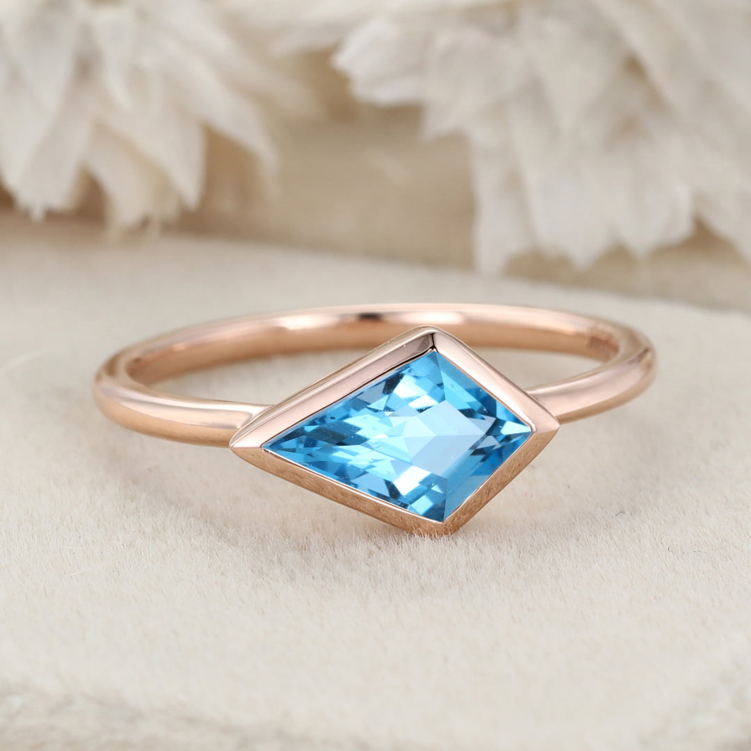 Kite Cut East West Bezel Engagement Ring Topaz Minimalist Bezel Wedding Ring 14K Solid Gold Ring