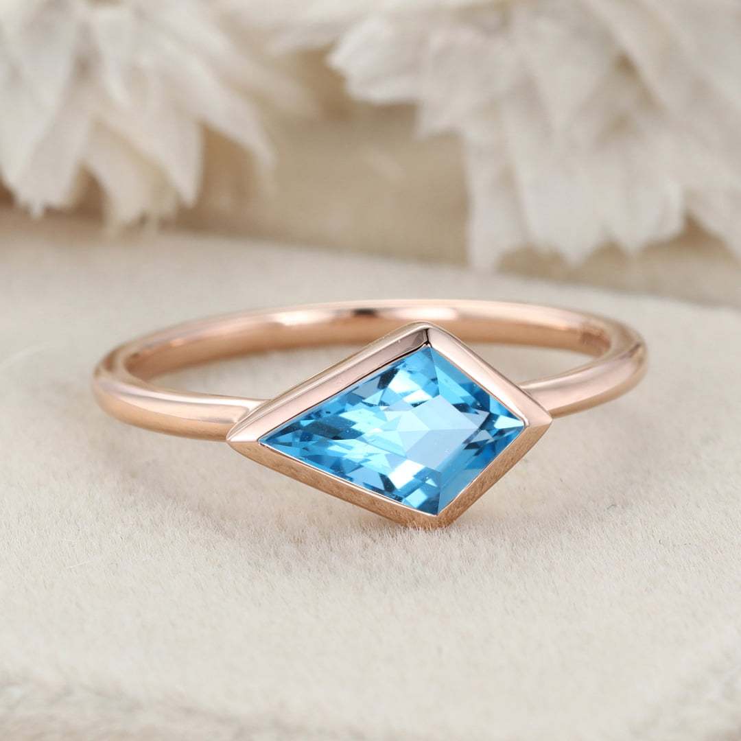 Kite Cut East West Bezel Engagement Ring Topaz Minimalist Bezel Wedding Ring 14K Solid Gold Ring