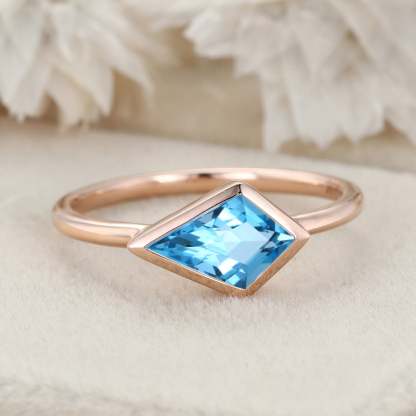 Kite Cut East West Bezel Engagement Ring Topaz Minimalist Bezel Wedding Ring 14K Solid Gold Ring