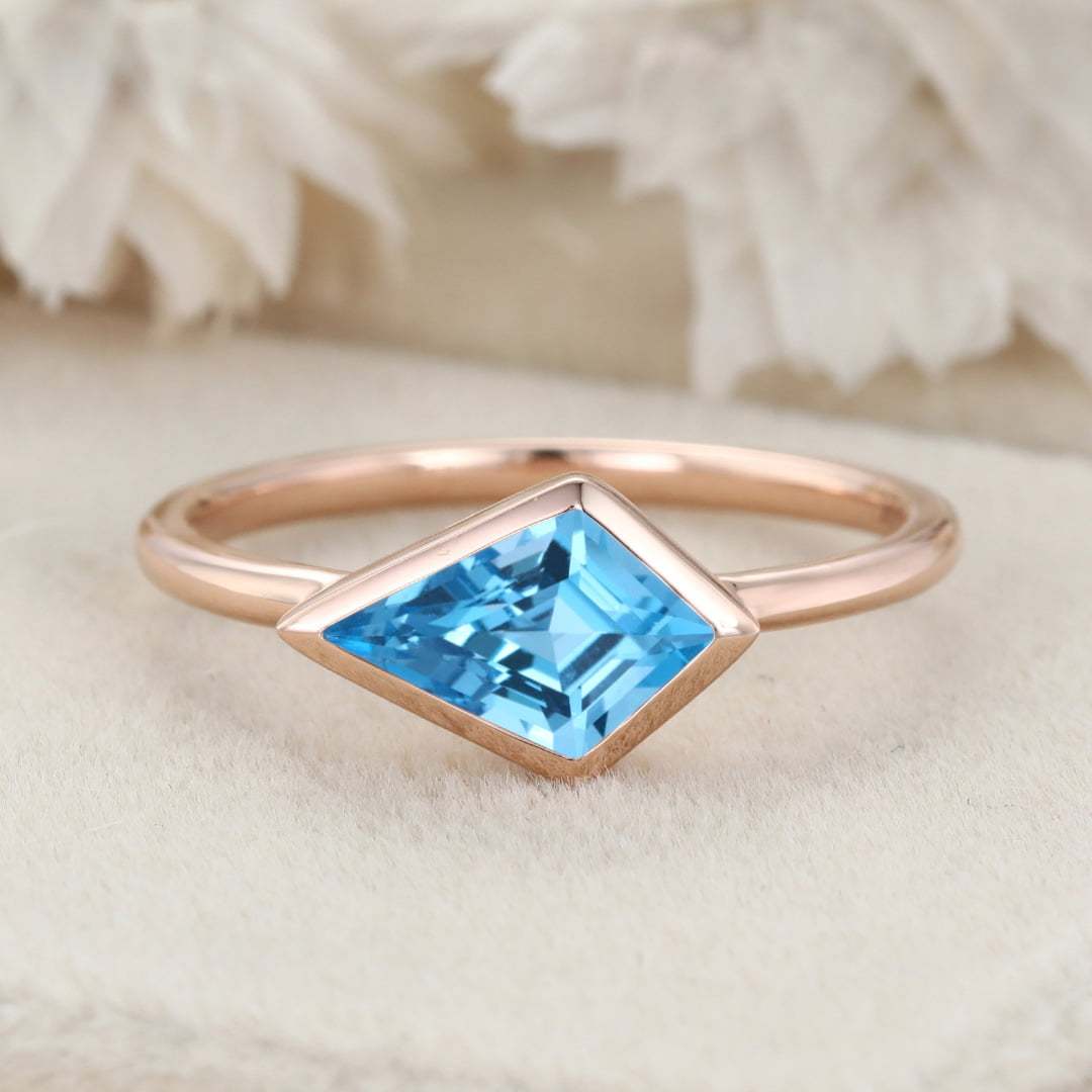 Kite Cut East West Bezel Engagement Ring Topaz Minimalist Bezel Wedding Ring 14K Solid Gold Ring