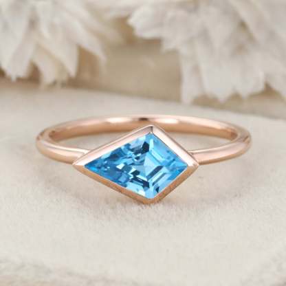 Kite Cut East West Bezel Engagement Ring Topaz Minimalist Bezel Wedding Ring 14K Solid Gold Ring