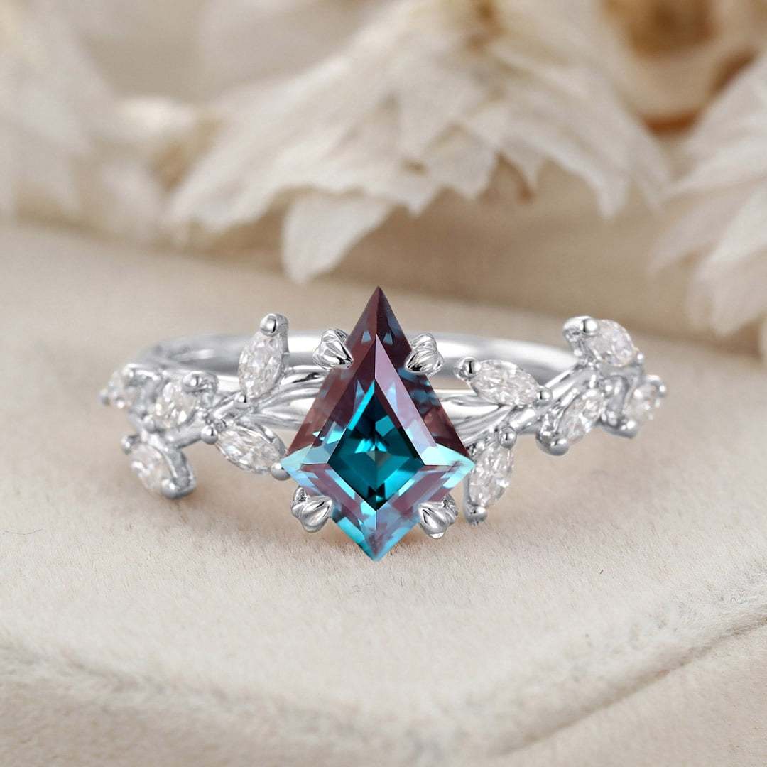 Kite Cut Lab Alexandrite Ring Unique Leaf Diamond Engagement Ring 14K Solid Gold Ring