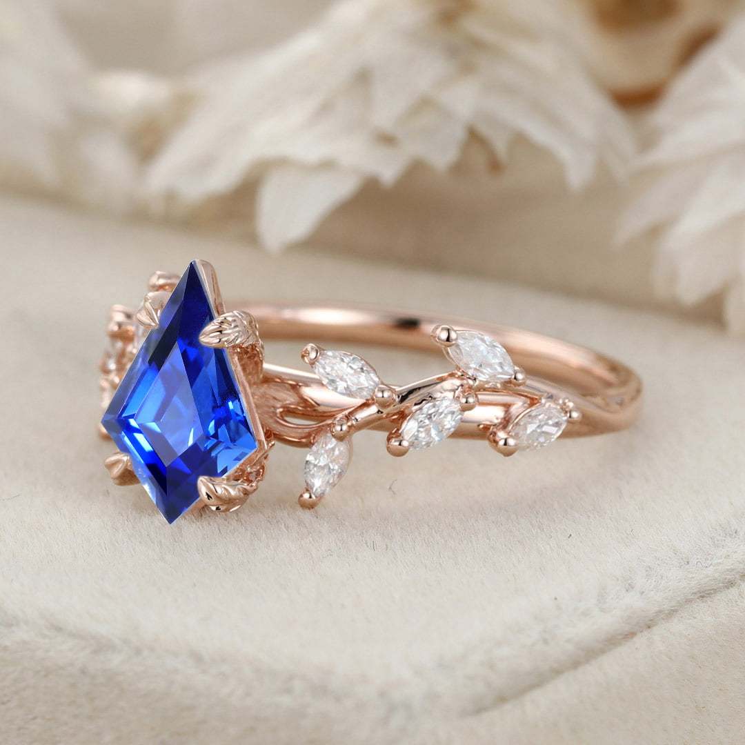 Kite Cut Lab Growth Sapphire Engagement Ring Rose Gold Ring Unique Branch Diamond Wedding Ring