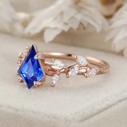 Kite Cut Lab Growth Sapphire Engagement Ring Rose Gold Ring Unique Branch Diamond Wedding Ring