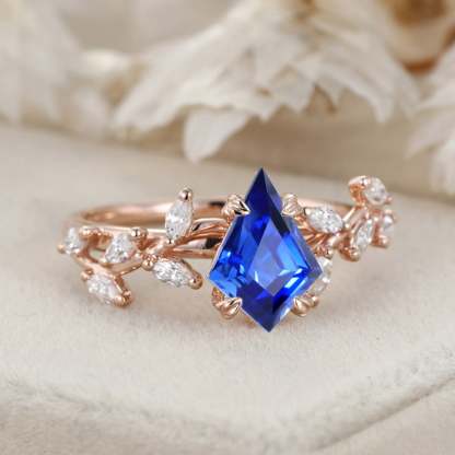 Kite Cut Lab Growth Sapphire Engagement Ring Rose Gold Ring Unique Branch Diamond Wedding Ring