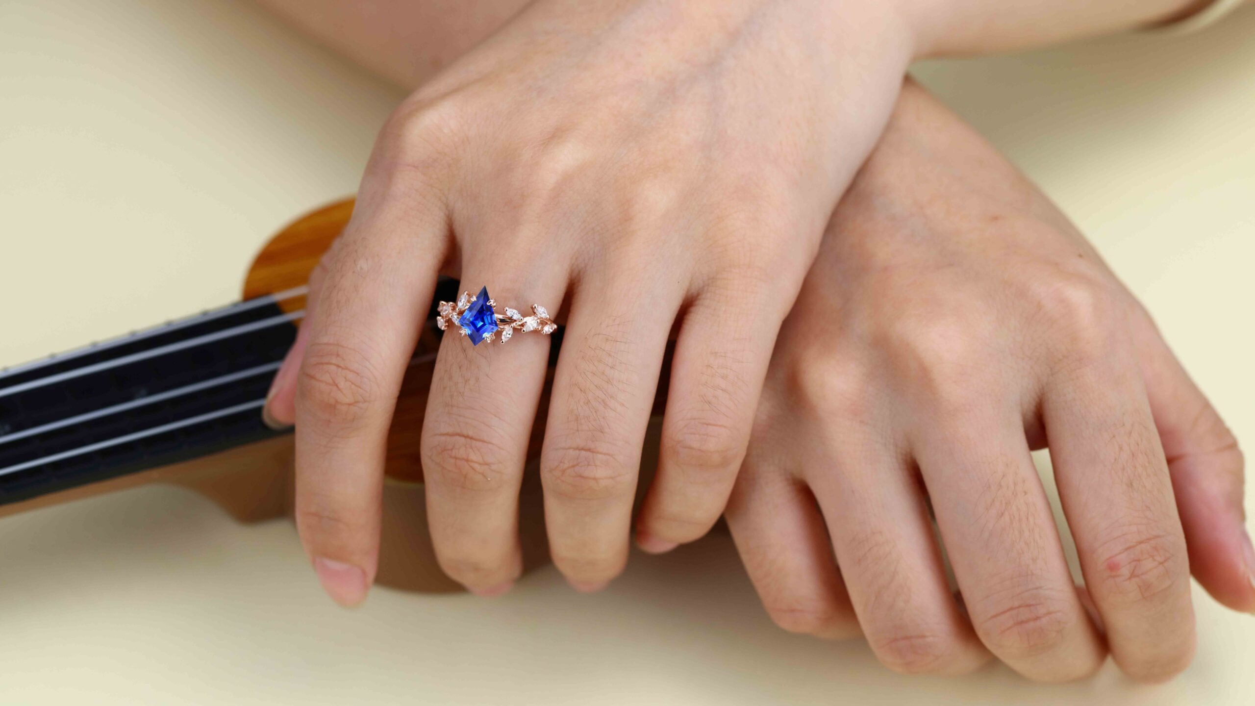 Kite Cut Lab Growth Sapphire Engagement Ring Rose Gold Ring Unique Branch Diamond Wedding Ring