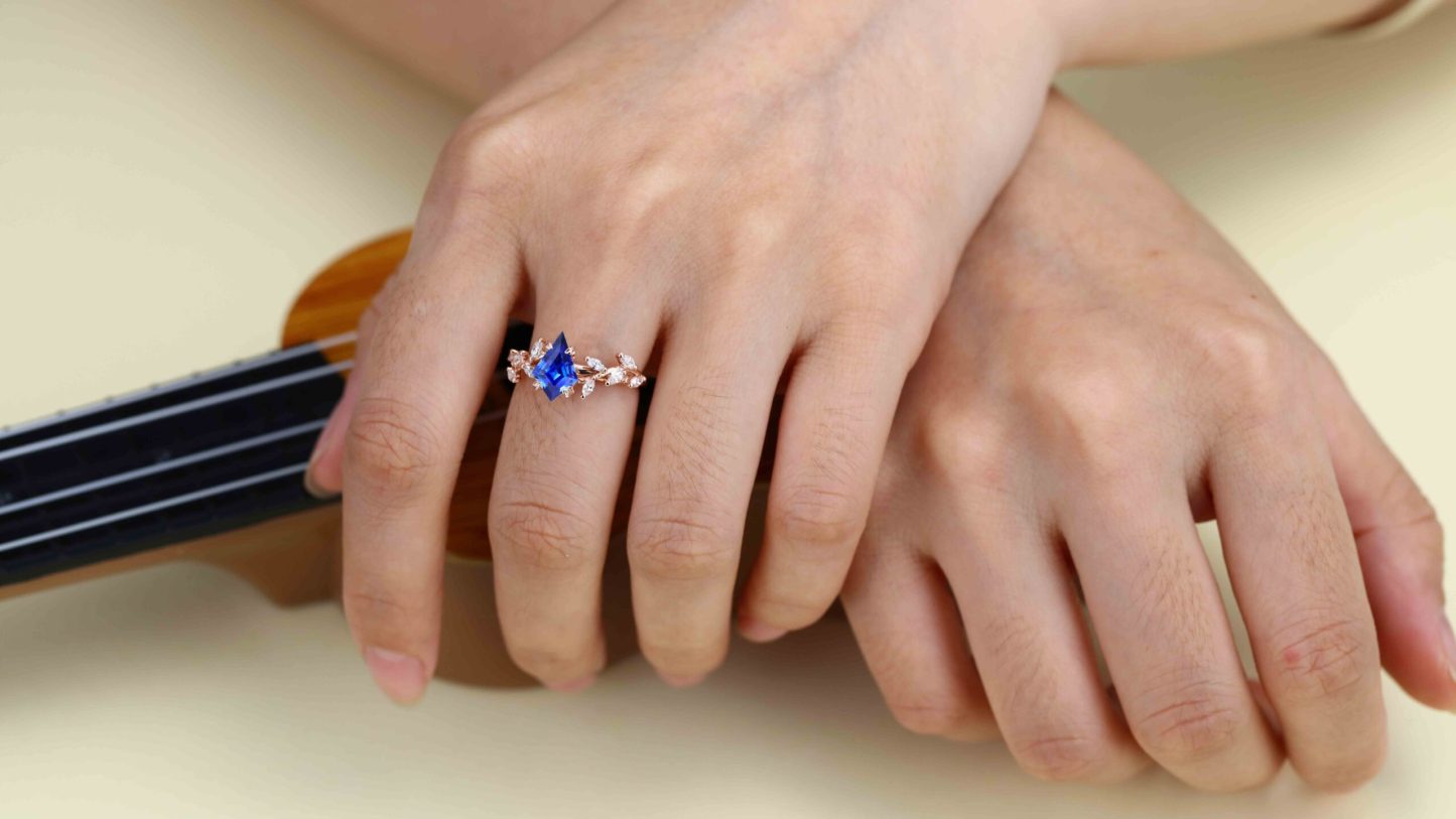 Kite Cut Lab Growth Sapphire Engagement Ring Rose Gold Ring Unique Branch Diamond Wedding Ring