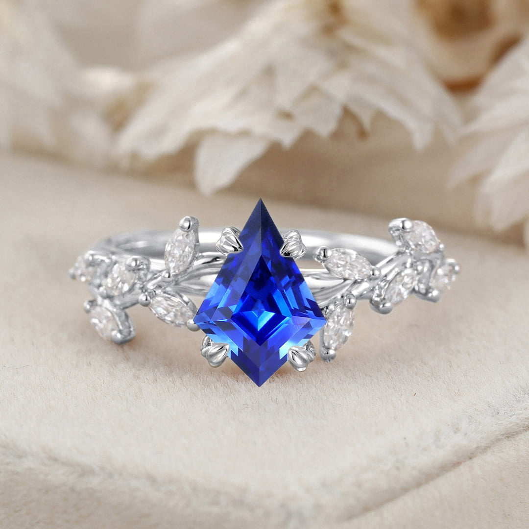 Kite Cut Lab Growth Sapphire Engagement Ring Rose Gold Ring Unique Branch Diamond Wedding Ring