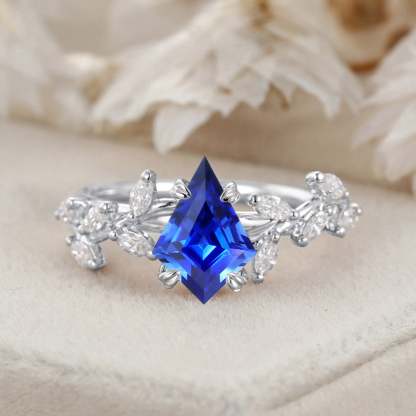 Kite Cut Lab Growth Sapphire Engagement Ring Rose Gold Ring Unique Branch Diamond Wedding Ring