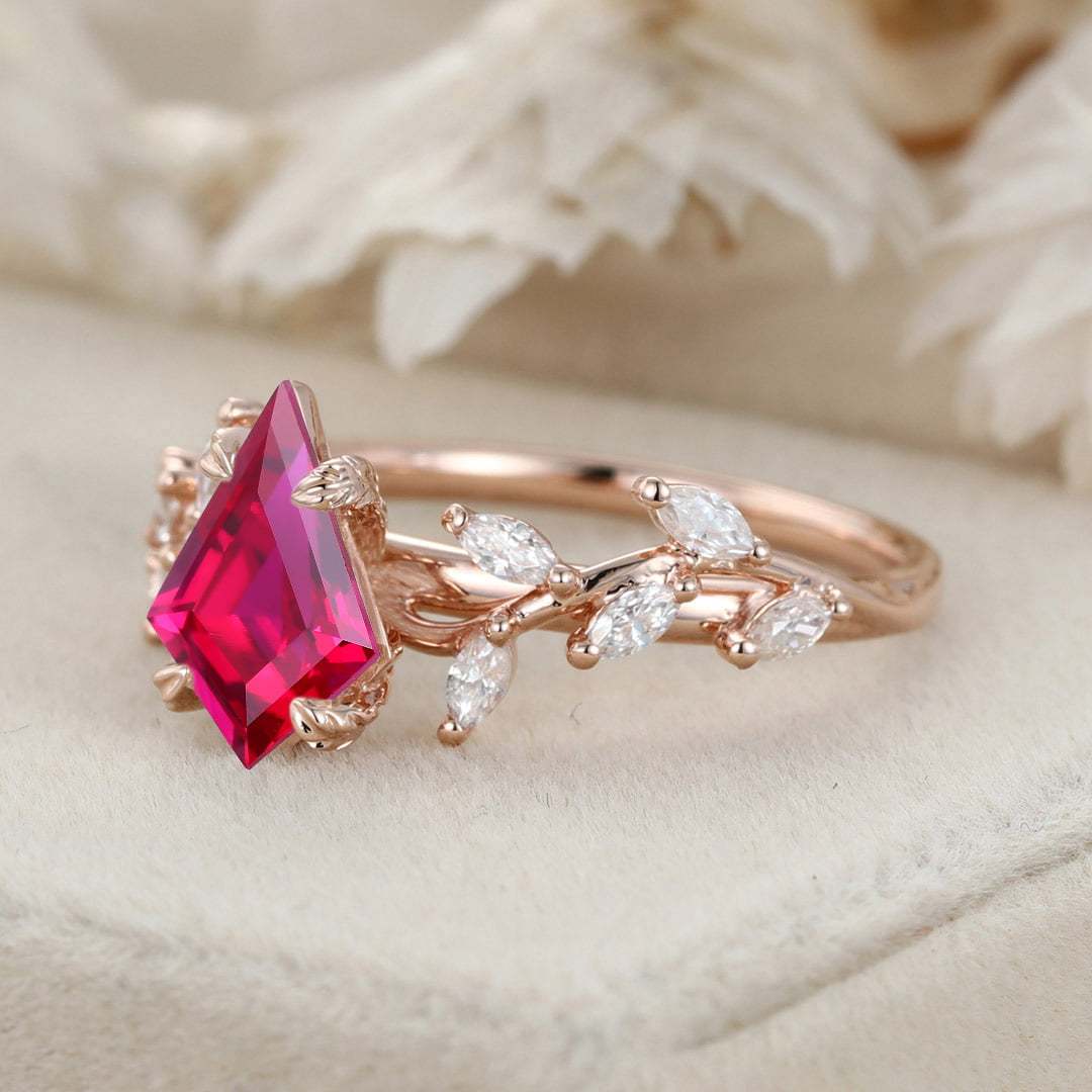 Kite Cut Lab Lab Ruby Engagement Ring Unique Leaf Diamond Wedding Ring 14K Solid Gold Rings