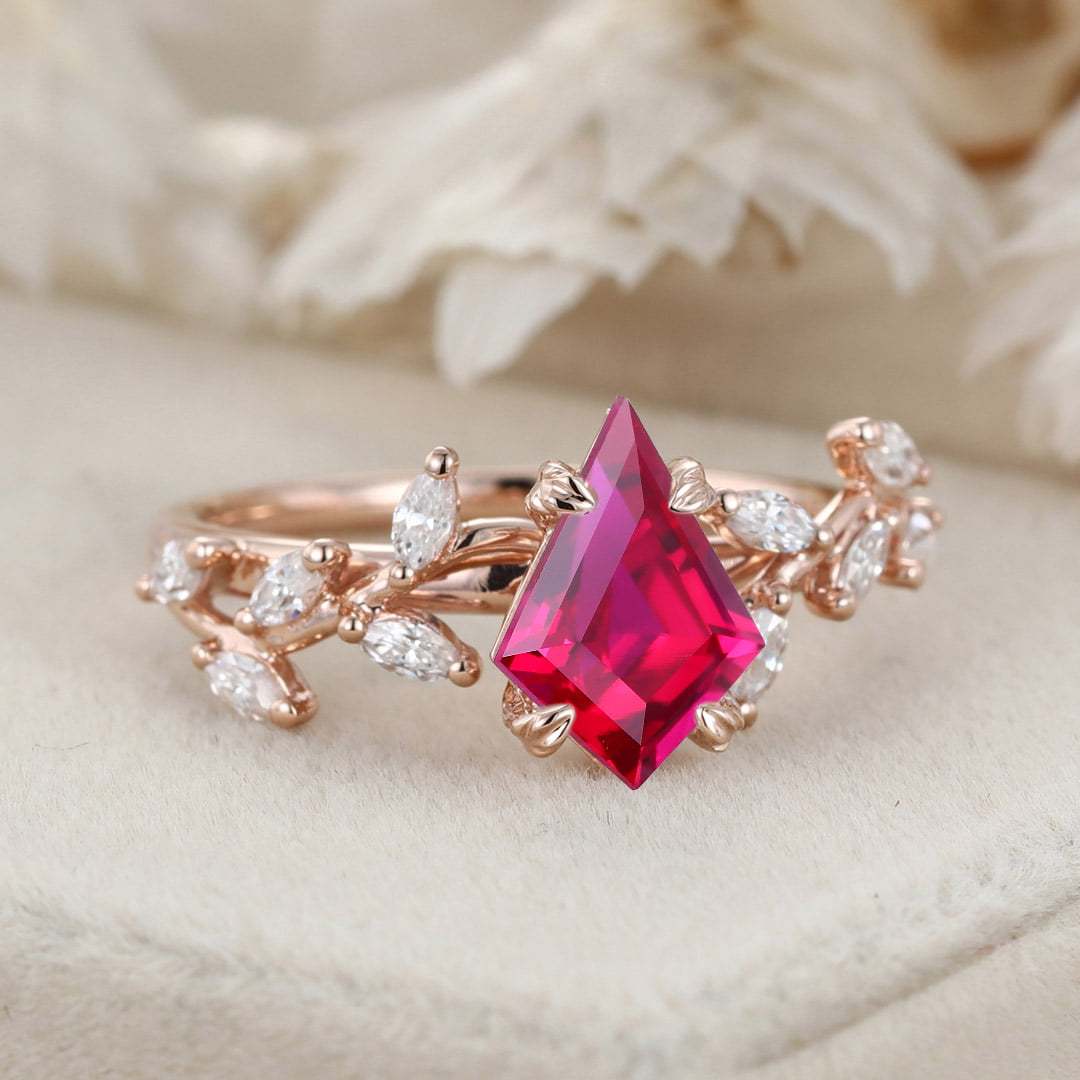 Kite Cut Lab Lab Ruby Engagement Ring Unique Leaf Diamond Wedding Ring 14K Solid Gold Rings
