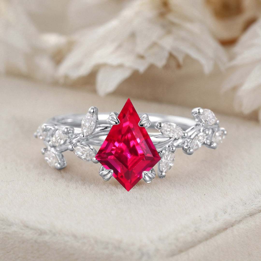 Kite Cut Lab Lab Ruby Engagement Ring Unique Leaf Diamond Wedding Ring 14K Solid Gold Rings