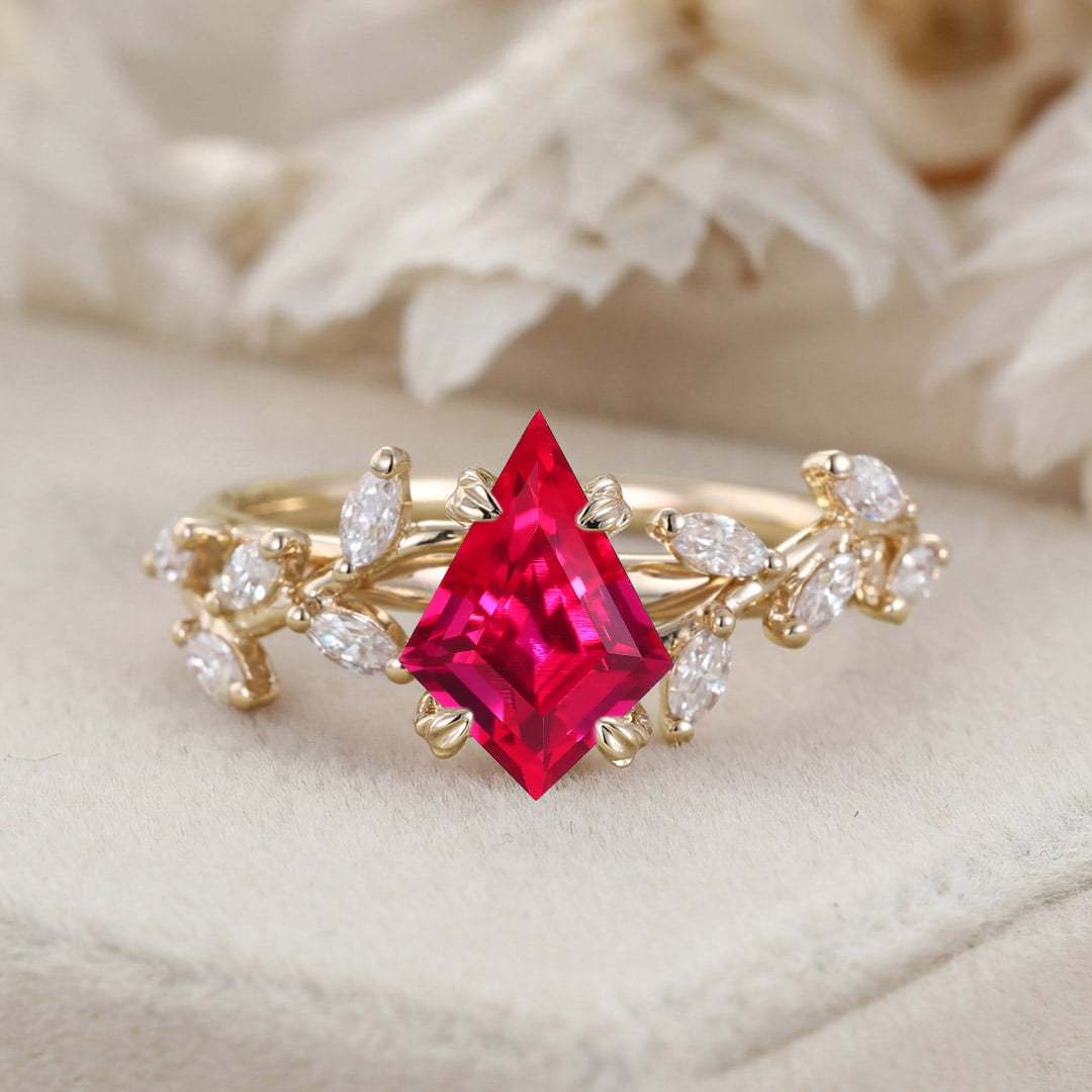 Kite Cut Lab Lab Ruby Engagement Ring Unique Leaf Diamond Wedding Ring 14K Solid Gold Rings