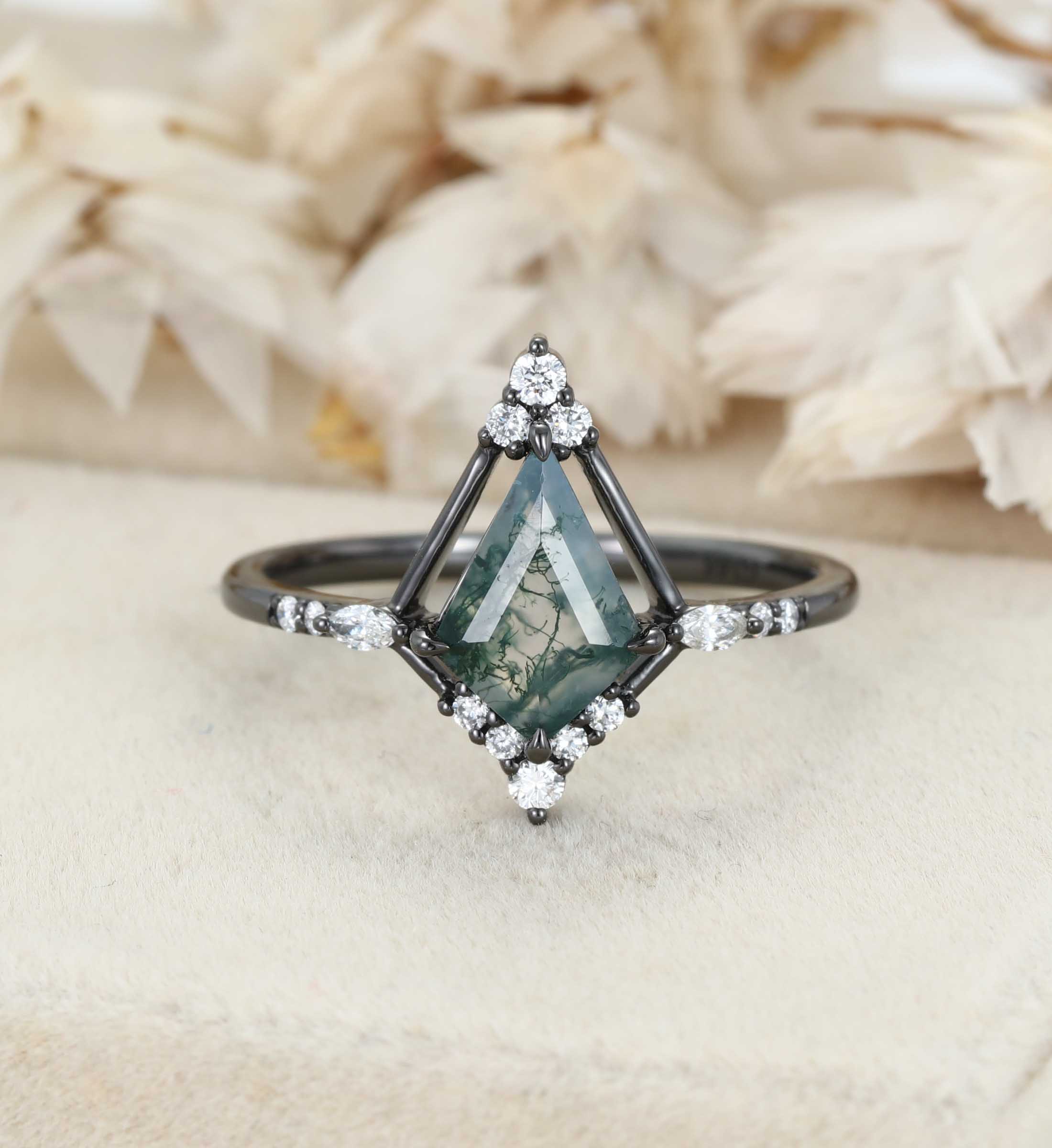 Kite Cut Moss Agate Black Gold Ring Natural Moss Agate Engagement Ring Marquise Diamonds Ring