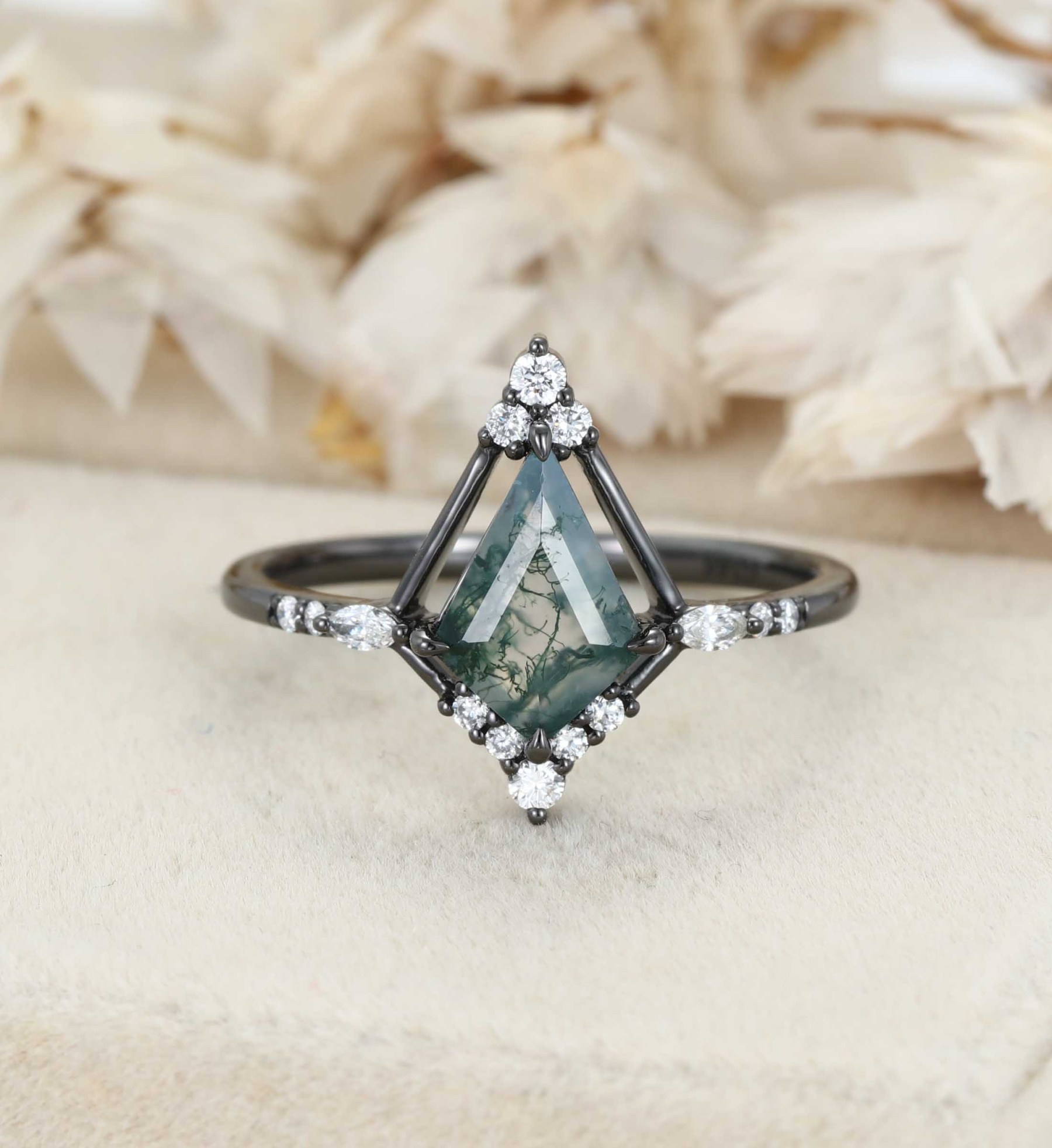 Kite Cut Moss Agate Black Gold Ring Natural Moss Agate Engagement Ring Marquise Diamonds Ring