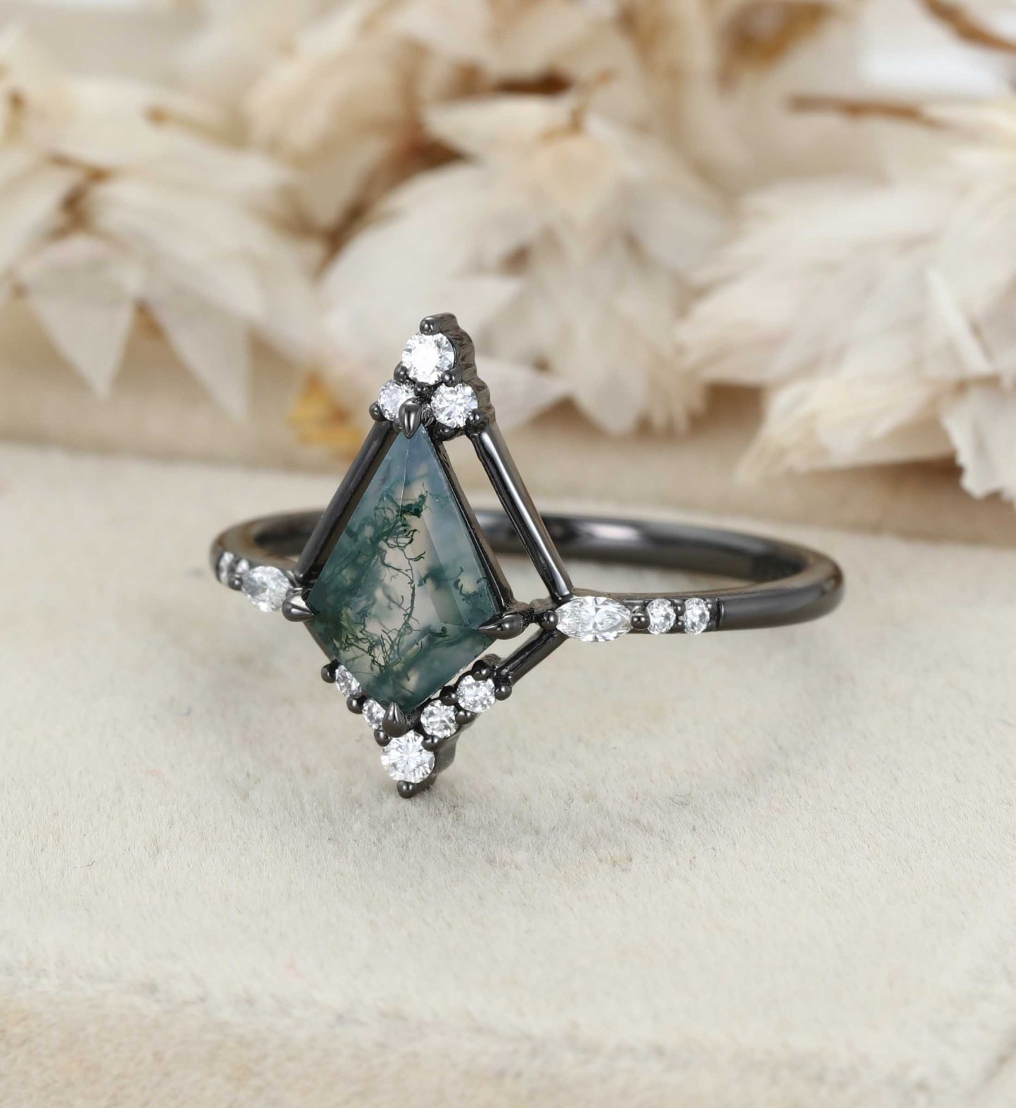 Kite Cut Moss Agate Black Gold Ring Natural Moss Agate Engagement Ring Marquise Diamonds Ring